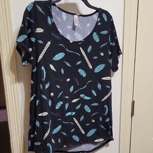 LuLaRoe Black and Teal Leaf Print Short Sleeve Top
